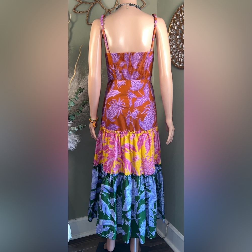 FARM Rio Tropical Colorblock Pineapple Floral Tiered Midi Dress Large - Picture 6 of 16